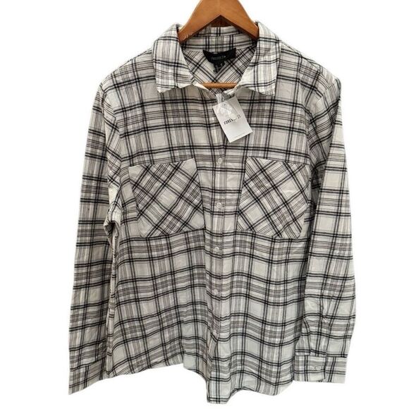 NWT (0X) Forever 21+ long sleeve flannel button-up top - White & Black Plaid - Picture 1 of 5